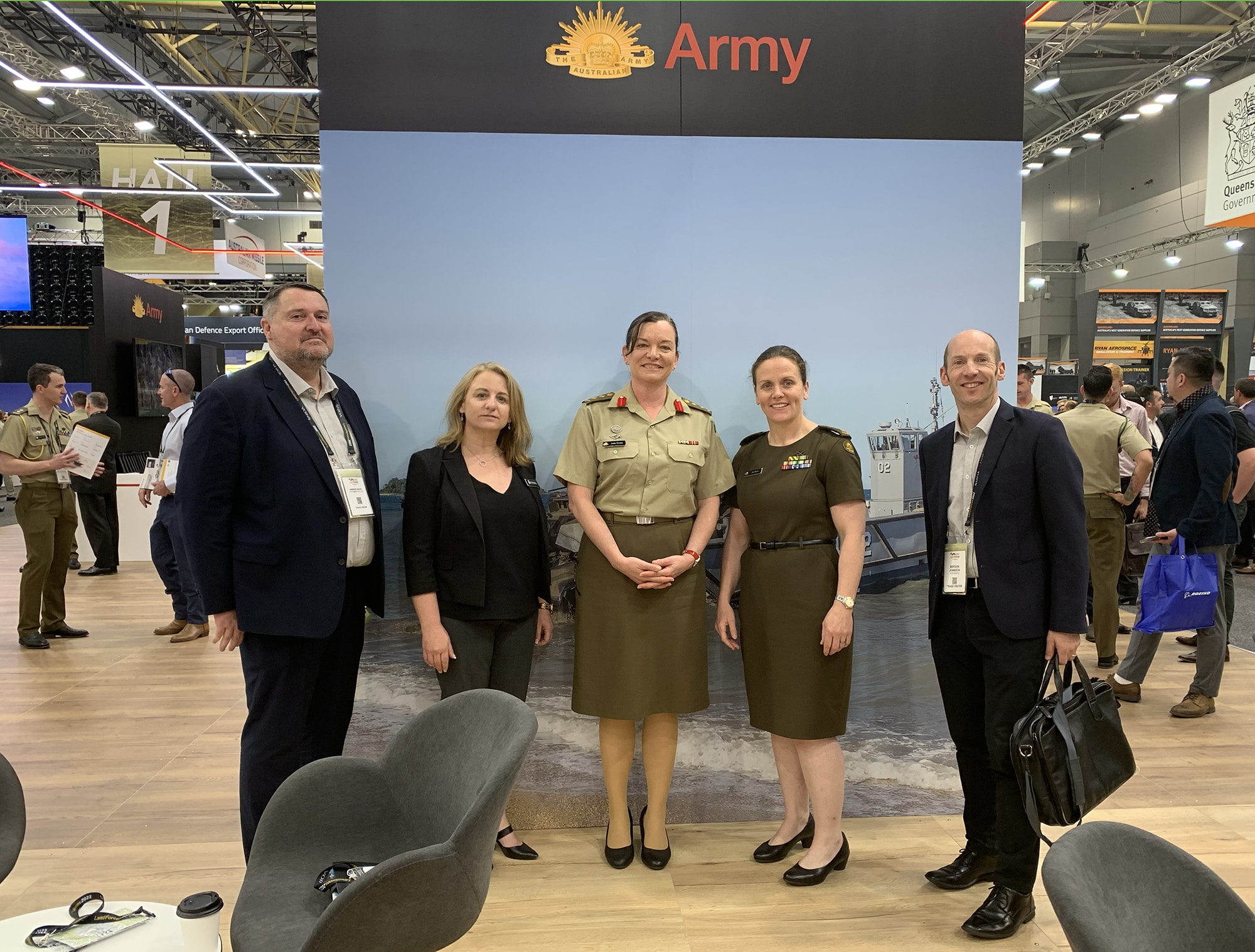 Andrew Harvey, Samantha Goodman, and Brydon Johnson Discussing Army’s future education needs with COL Jen Harris and Anita Rynne.